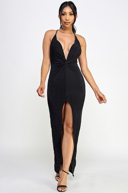 Front twist & slit, cross back long dress