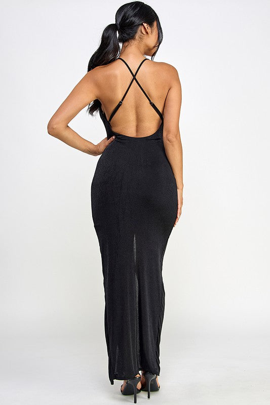 Front twist & slit, cross back long dress