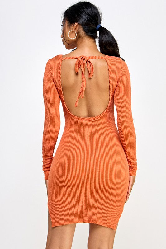 Knit rib long sleeve low back mini dress