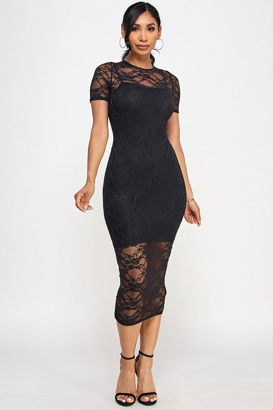 Lace short sleeve midi dress