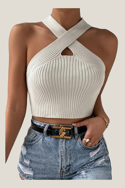 Halter Neck Rib-Knit Top