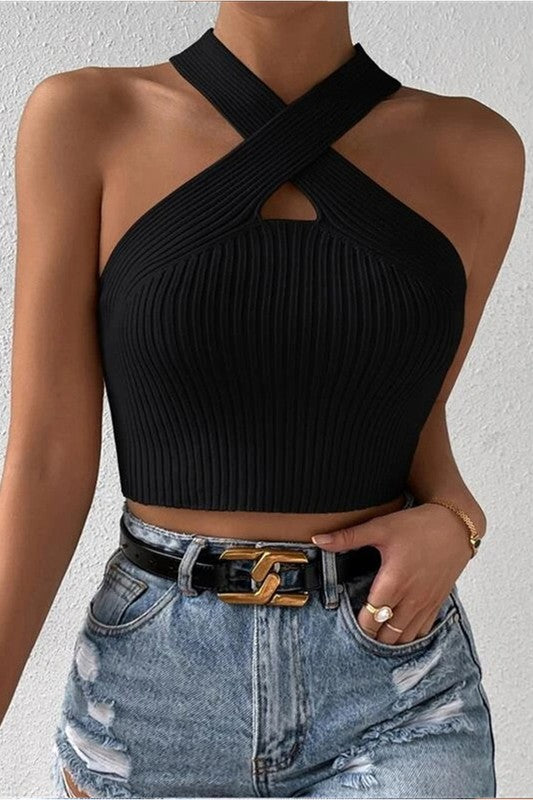 Halter Neck Rib-Knit Top